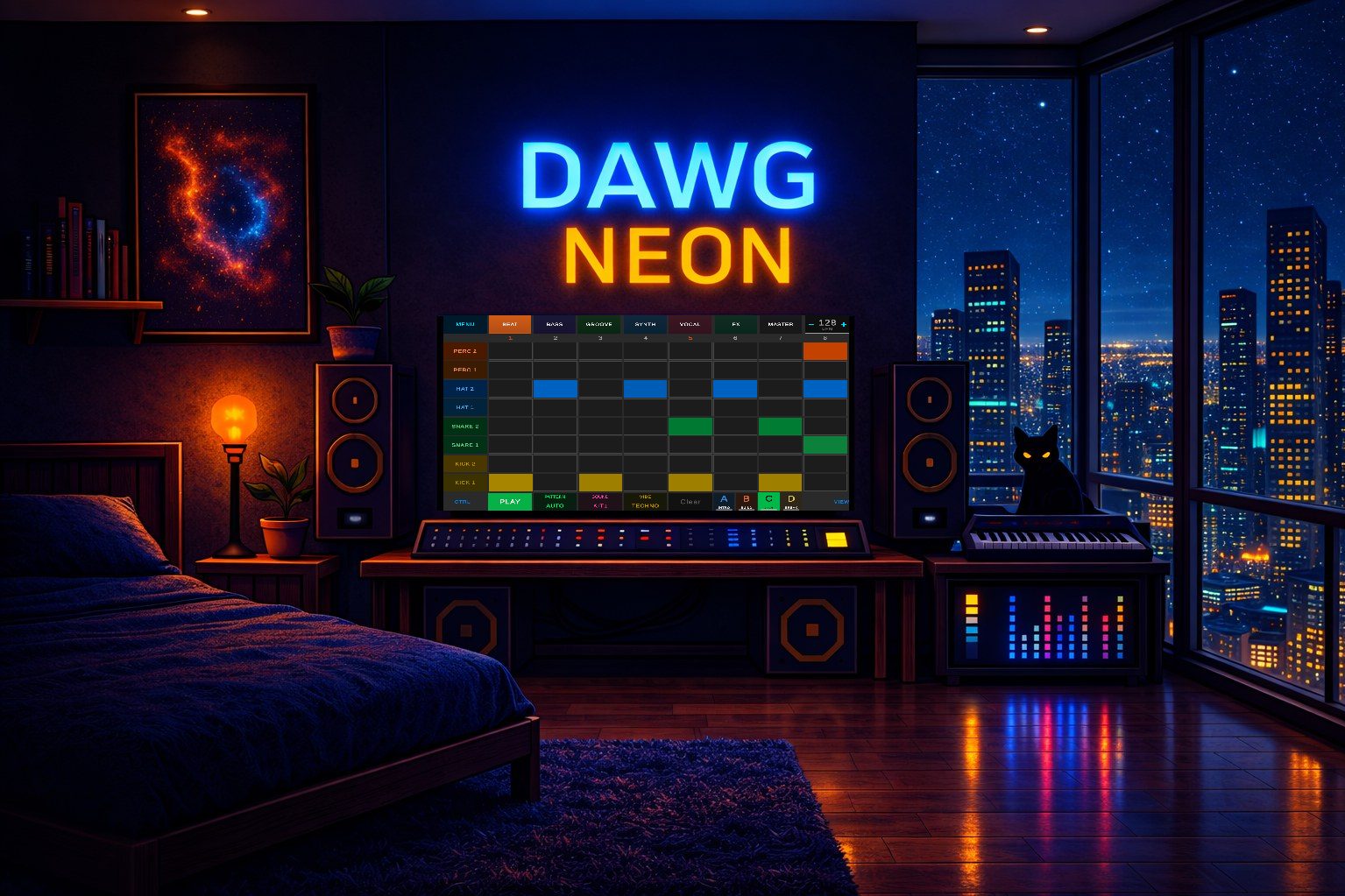 DAWG NEON - cyberpunk bedroom studio with beat grid, MIDI keyboard, neon cityscape, and cat